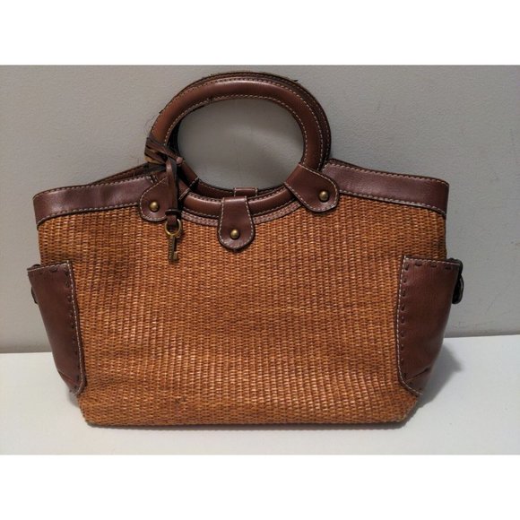 Fossil Woven Straw & Leather Tote Purse #76082 Tan & Brown - Picture 1 of 9